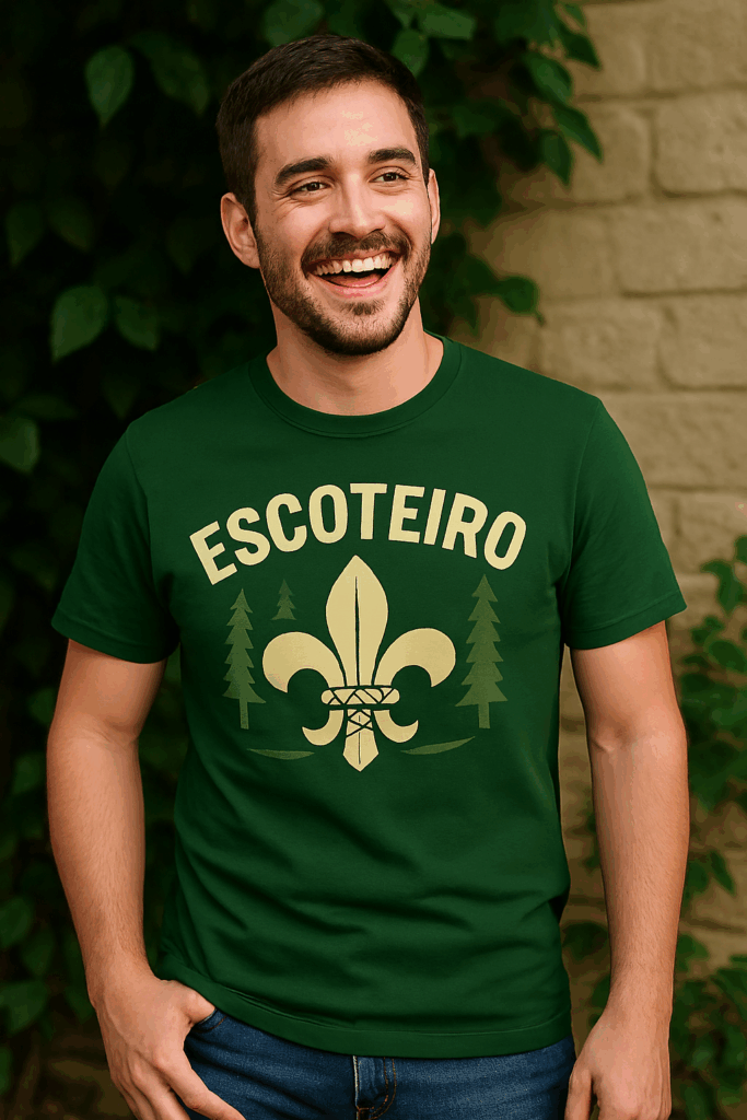 Jovem sorridente vestindo camiseta verde com estampa escoteira, em frente a parede de tijolos e folhagem, transmitindo leveza e espírito aventureiro.